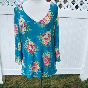 Passports Women Floral Blue Top Large Blue Multicolor Bell Sleeve Sheer Lined
